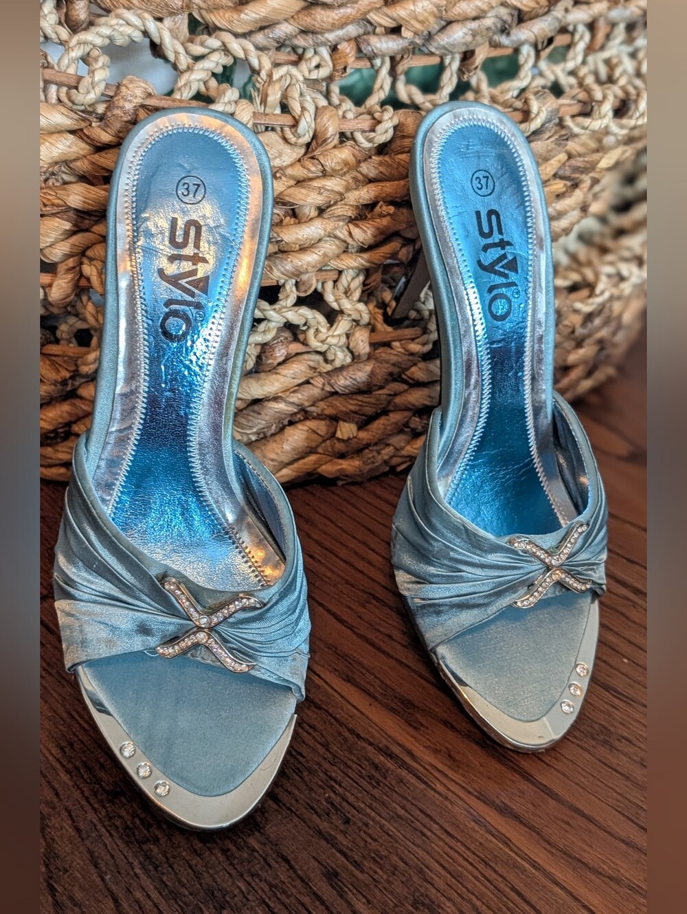 Stylo Light Blue Satin Rhinestone Mule Sandals Heeled Sliders